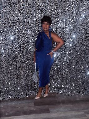 Elegant Royal Blue Satin Halter Midi Dress